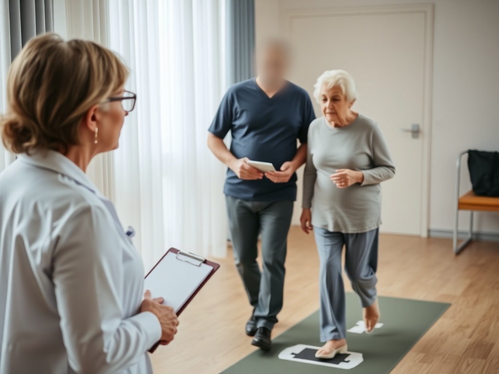 균형 능력을 평가하기 위해 보행 테스트를 실시하는 모습
