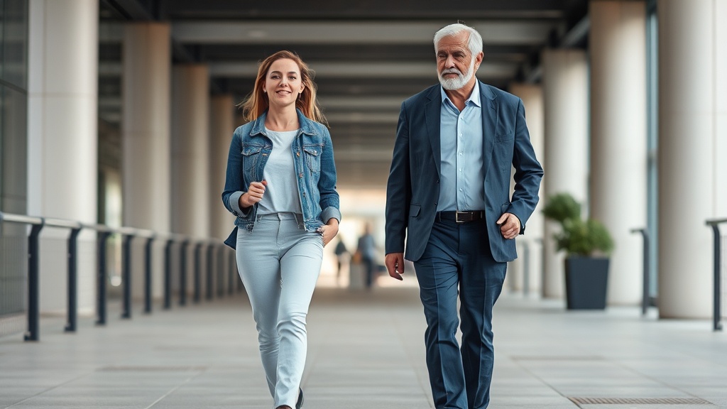 청년과 중년이 나란히 걷는 모습을 통해 연령대별 보행 차이를 보여주는 장면